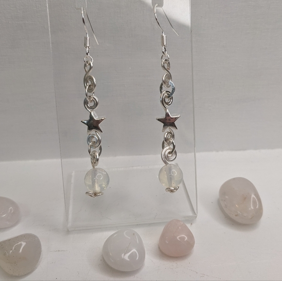 Moonstone Opal Silver Hematite Stars Glass Silver Star Earring Handmade Artisan - Picture 8 of 8